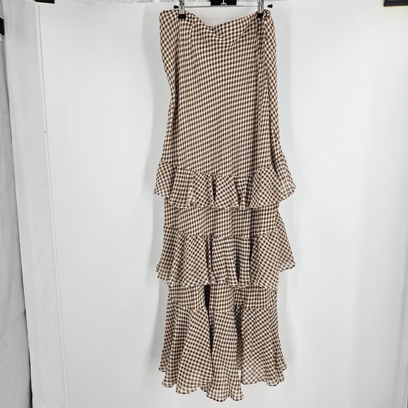 RIXO Preslee Tiered Ruffle Maxi Skirt Brown Gingham Boho Festive Flowy Prairie 8 - Picture 7 of 9